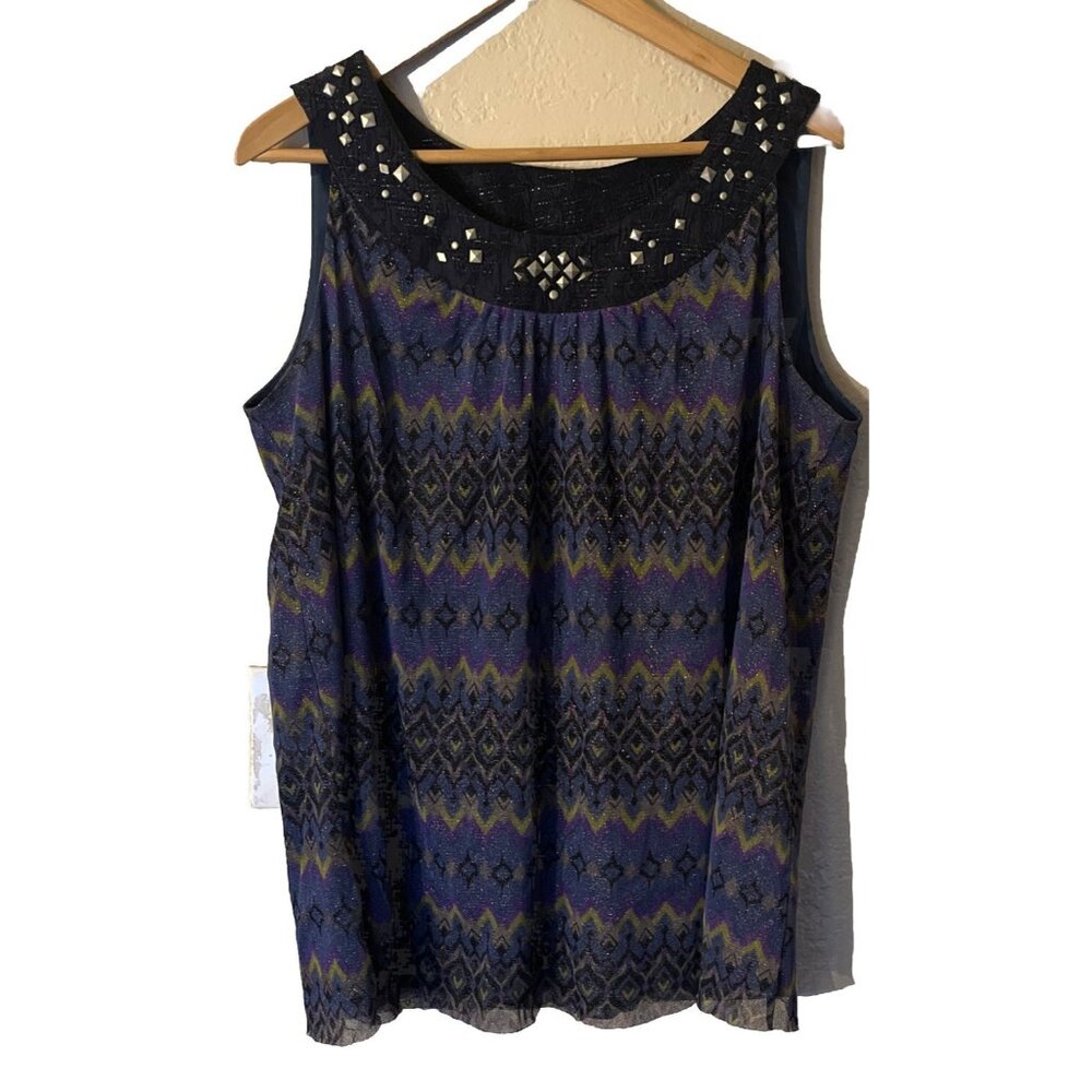 Avenue Stretch Women's 18-20 Metallic Striped Embellished Sleeveless Lined Top